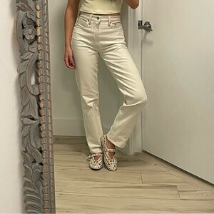 A&F Cream Straight Leg Jeans with Leather Detailing